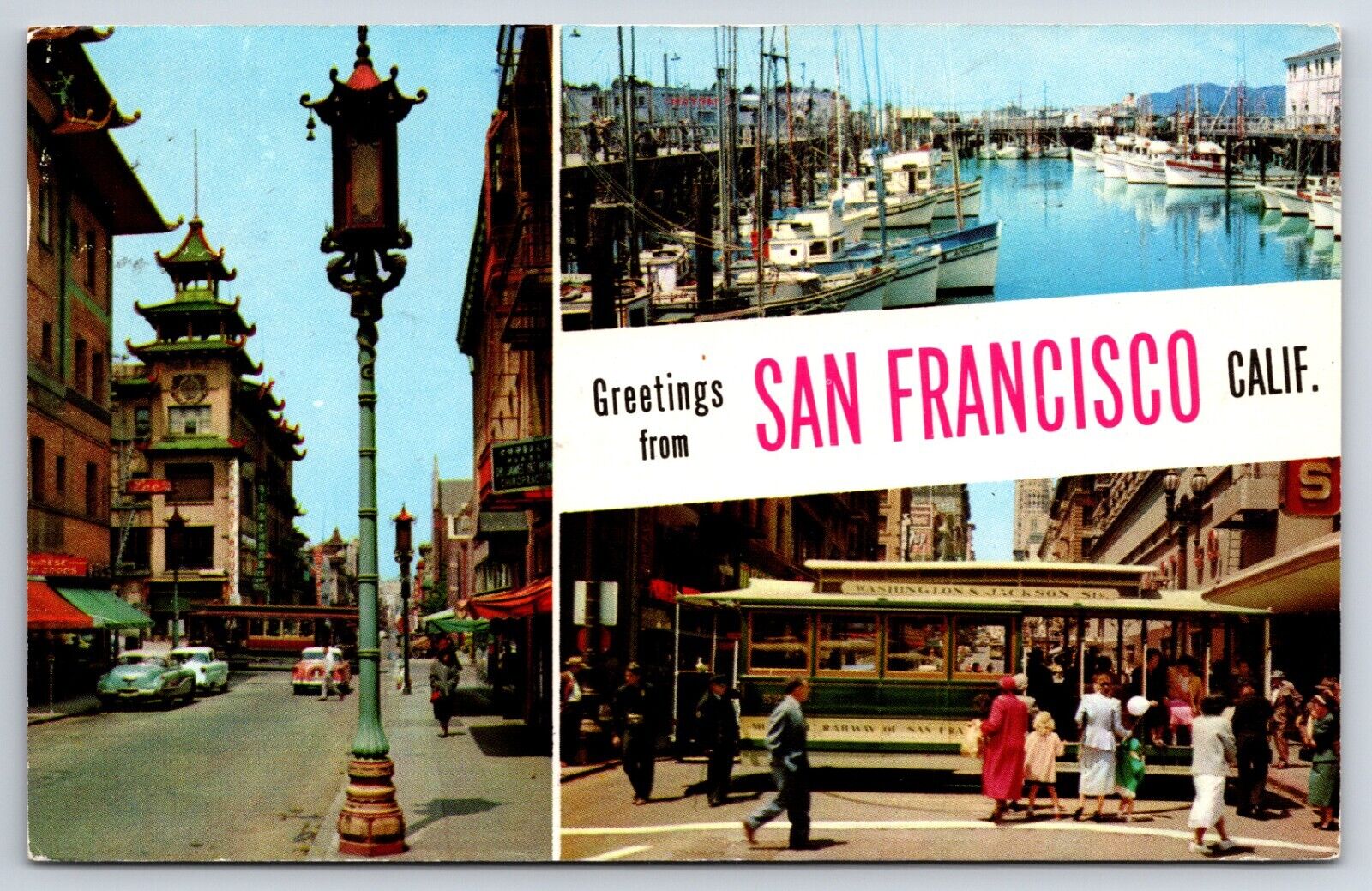 1958 Chinatown Fishermans Wharf Cable Car San Francisco California CA Postcard