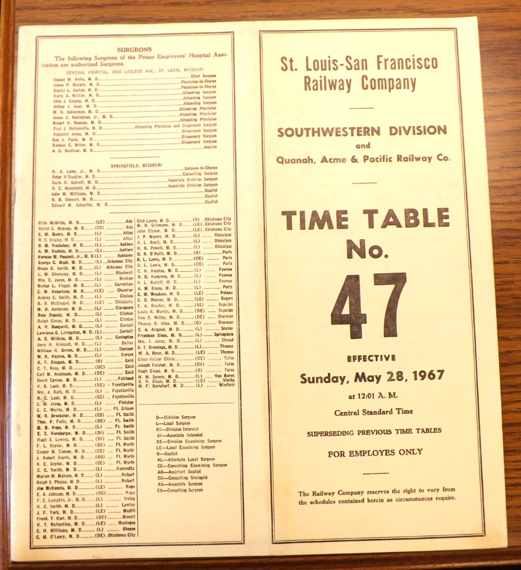 1967 ST. LOUIS SAN FRANCISCO RAILWAY TIMETABLE 47 SOUTHWESTERN DIVISION EMPLOYEE