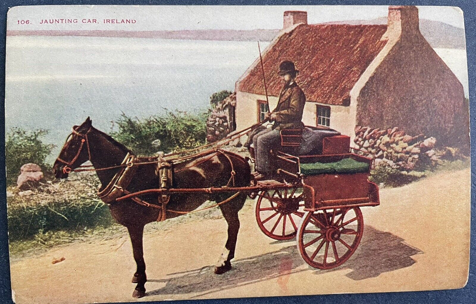 Postcard Jaunting Car Ireland Passenger Horse Carriage House Jarvey Antique