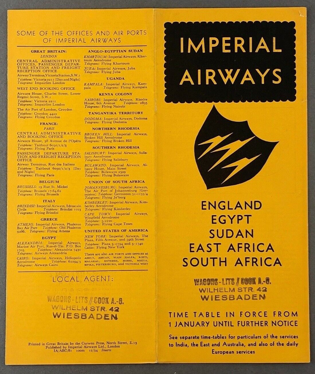 IMPERIAL AIRWAYS JANUARY 1935 AIRLINE TIMETABLE EGYPT SUDAN EAST SOUTH AFRICA 