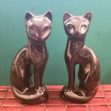 Vintage MCM Ceramic Sitting Black Cat Figurines Hand Painted Green Eyes 8