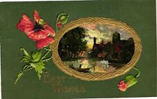 Vintage Postcard- BEST WISHES, RED POPPY, VILLAGE BY A RIVER picture