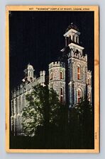 Logan UT-Utah, Mormon Temple At Night, Antique, Vintage Souvenir c1949 Postcard picture