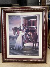 VINTAGE BUFFALO SOLDIER ON HORSE BACK W/LADY LOOKING UP AT HIM (PRINT 34 X 28) picture