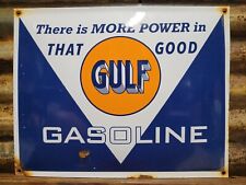 VINTAGE GOOD GULF PORCELAIN SIGN MORE POWER IN GASOLINE MOTOR OIL SERVICE 17