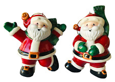 2 Jolly Ceramic Santa Christmas Ornaments Dancing Signed JAC 4.25