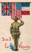 VINTAGE POSTCARD PATRIOTIC WORLD WAR I U.S. SOLDIER SALUTING ALLIED FLAGS 1918 picture