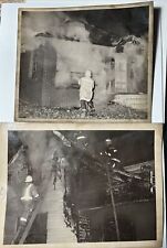 Lot of 2 lg vintage 1950s FIREFIGHTERS fireman Burning House Ladders Fire Photo picture