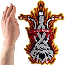 Big Large Live Free Patch Iron Sew On Skull Motorbike Flames Embroidered Badge picture