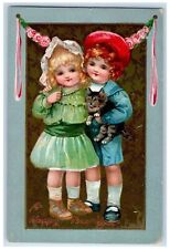 c1910's New Year Boy And Girl Cat Pink Roses Embossed Tuck's Antique Postcard picture