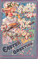 LOVELY VINTAGE EASTER POSTCARD LADY IN HAT WITH FLOWERS 1909 EMBOSSED 021722 R picture