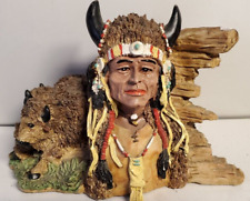 Native American Chief Indian with Buffalo Statue Figure Log Cabin Decor Display picture