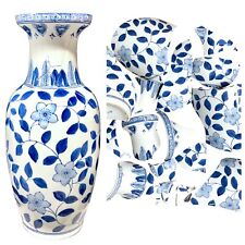 Coming Soon Kintsugi Vase 17.5” Old Chinese Blue And White Floral Gold Crack  picture