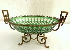 20th C. Bohemian Cut Glass Compote Center Bowl Green Cut to Clear Brass Frame picture