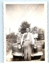 Vintage Photo 1940s, Man next to Antique Car, 2 toddlers on hood, 3.5 x 2.5 picture