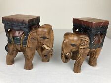 VTG PAIR TEAK ELEPHANT PLANTERS STATUES HAND CARVED SOLID WOOD ANIMALS FIGURES picture