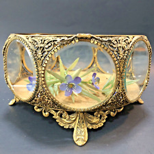 Vintage Jewelry Casket 24K Gold plated Ormolu Filigree Metal Glass 8 Windows  picture
