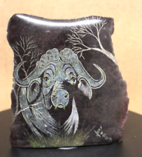 Hand-Carved etch & paint on stone Zimbabwe AFRICAN Buffalo by Gift Noxy  #102 picture