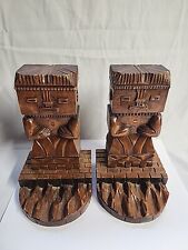 Vintage Aztec Mayan Style Hand Carved Wood Book Ends picture