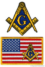 LOT TWO MASONIC LOGO USA FLAG EMBROIDERED PATCHES FREEMASON SQUARE COMPASS MASON picture