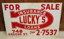 Vtg 1940's 50's Lucky's Insurance Loans Tin Lucky Horseshoe Sign Gas Oil 13.5x20 picture