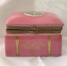 VINTAGE PINK PORCELAIN HINGED DRESSER JEWELRY BOX CASKET GILT METAL FRAME 4”x3” picture