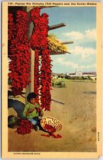 VINTAGE POSTCARD PAPAGO BOY STRINGING CHILLI PEPPERS SAN XAVIER MISSION c. 1930s picture