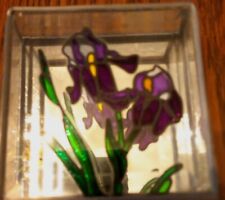 Vintage Floral Stained Glass Square Trinket Brass Box Hinged Mirror Purple Green picture