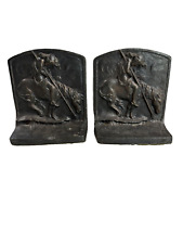 Bronze Brass Hand Hammered End of Trail Indian On Horse Pair Bookends Vintage picture