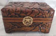 Vintage Hand Carved Birds Flowers Wooden Jewelry Trinket Box Chest Hinged Lid Re picture