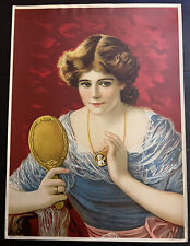 ATQ c1910s Calendar Sales Sample Pinup Poster Woman Mirror Cameo on Vibrant Red  picture