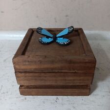 Vintage Small (4”x4”) Wooden Trinket Box  3D Painted Butterfly On Top Felt Lined picture