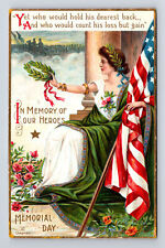 1909 In Memory of Our Heros on Memorial Day Lady US Flag Chapman Signed Postcard picture