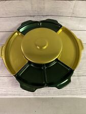 Vintage Aluminum 1950’s Lazy Susan,  Holiday Serving Tray EUC Green Gold picture