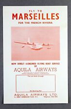 AQUILA AIRWAYS AIRLINE TIMETABLE MARSEILLES SUMMER 1954 - SOLENT FLYING BOAT picture