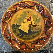 Russian Folk Art Khokhloma Lacquer Bird + Woman Decor Plate Red Gold Black 8.5