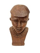 Solid Wood Hand Carved Bust Sculpture African with Braids Vintage 8” Tall picture