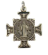 Patron Saint St Benedict of Nursia 1 Inch Sterling Silver Maltese Cross Pendant picture