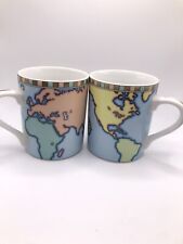 2x Tiffany & Co Bone China Atlas World Map Compass Mug Cup Gold Accent Blue Set picture