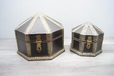 2 Pier1 Hexagon Jewelry/Trinket Boxes (Lg/Med) Wood with Hammered Brass Accents picture