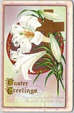 1916 Easter Greetings Flower Crucifix Wishes Card Posted Postcard picture