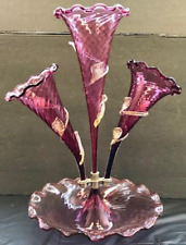Fabulous Antique Victorian Cranberry Swirl Art Glass 3 Horn Epergne w/ Gold Dust picture