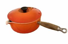 Vintage Le Creuset 22 Flame Red Sauce Pan w/Lid Wooden Handle Enamel Cast Iron picture