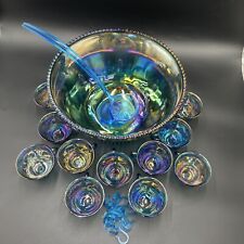 VINTAGE INDIANA GLASS IRIDESCENT BLUE HARVEST CARNIVAL GLASS PUNCH BOWL SET 15pc picture