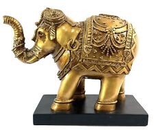 India Lucky Elephant Gold Statue On Stand Trunk Up Resin 11” L 9.5” T picture