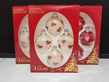 3 BOXES NOS -Vintage 12 Christmas Ornaments Red Glass Ball Heart Stencil Glitter picture
