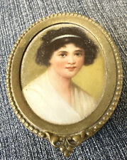 Antique Trinket Brass Miniature Lithograph? dark haired young woman 2” painted? picture