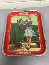 ANTIQUE VTG 1942 COCA COLA COKE METAL SERVING TRAY 2 GIRLS & CAR 13 1/4 X 10 1/2 picture