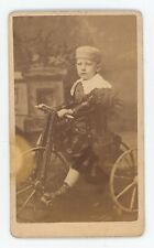 Rare CDV c1870s Adorable Boy in Unique Outfit and Hat on Tricycle Boston, MA picture
