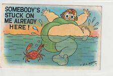 Vintage Postcard 1938 Swimming Humor Somebody's Stuck on Me Already Here picture